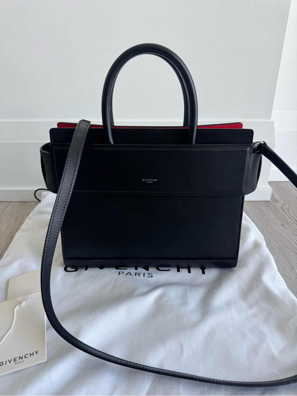 Givenchy Horizon Mini Leather Satchel with a red interior lining